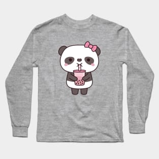 Cute Girl Panda Drinking Bubble Milk Tea Long Sleeve T-Shirt